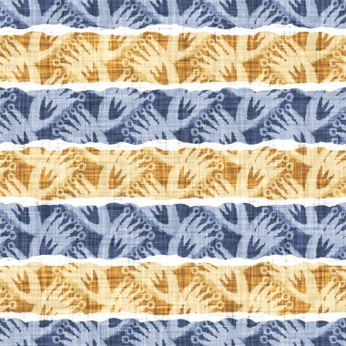 Kusursuz Fransız kırsal mutfak çizgili kumaş deseni. Mavi sarı beyaz yatay çizgili arka plan. Batik Boyası Kaynak Stili Kırsal Örgü Cottagecore Tekstili