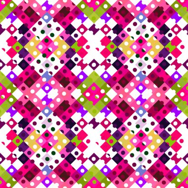 Garip geometrik piksel desen. Eğlenceli kaleydoskopik pembe duvar kağıdı. Kusursuz doku arkaplanı için renkli bir klasik jeo nokta mozaiği