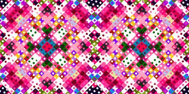 Garip geometrik piksel desen. Eğlenceli kaleydoskopik pembe duvar kağıdı. Kusursuz doku arkaplanı için renkli bir klasik jeo nokta mozaiği