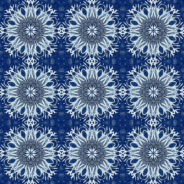 Indigo Blue Snow Flake Damask Pattern Background Frosty Painterly Effect — Foto de Stock