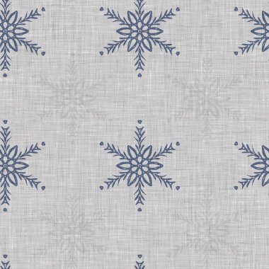 Kusursuz Noel kar taneleri örülmüş keten desenler. İki ton, mevsimlik çiftlik evi mavi don arka planı. Fransız Xmas karları için tatil tekstili.
