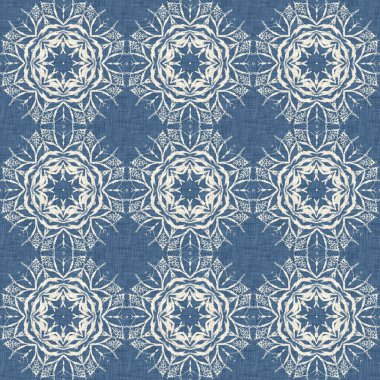 Çiftlik evi mavi kar tanesi desenli arka plan. Frosty batik damasch fransız efekti kusursuz arkaplan. Şenlikli soğuk tatil sezonu duvar kâğıdı döşemesi