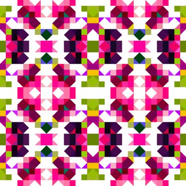 Retro geometrik piksel desen. Eğlenceli kaleydoskopik pembe duvar kağıdı. Kusursuz doku arkaplanı için renkli bir klasik jeo nokta mozaiği