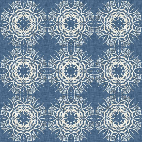 Farmhouse Blue Snow Flake Pattern Background Frosty Batik Damask French — 图库照片