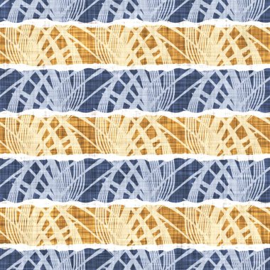 Kusursuz Fransız kırsal mutfak çizgili kumaş deseni. Mavi sarı beyaz yatay çizgili arka plan. Batik Boyası Kaynak Stili Kırsal Örgü Cottagecore Tekstili