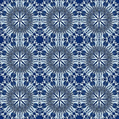 Çivit mavisi kar tanecikli damaske desenli arka plan. Frosty boyama efekti kusursuz arkaplan. Şenlikli soğuk tatil sezonu duvar kâğıdı döşemesi