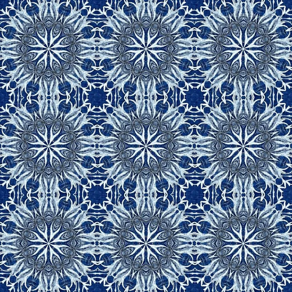 Indigo Blue Snow Flake Damask Pattern Background Frosty Painterly Effect — Stock Photo, Image
