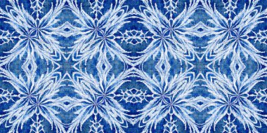 İndigo mavisi kar taneleri sınır arkaplanı. Frosty batik boyama efekti pürüzsüz kenar. Soğuk bayram şenliği kurdelesi. 