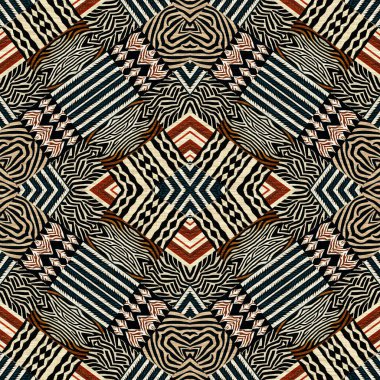 African kente cloth patchwork effect pattern. Seamless geometric quilt fabric all over background. Patched boho rug safari shirt repetitive tile swatch.