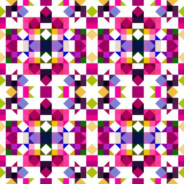 Retro geometrik piksel desen. Eğlenceli kaleydoskopik pembe duvar kağıdı. Kusursuz doku arkaplanı için renkli bir klasik jeo nokta mozaiği