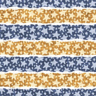 Kusursuz Fransız kırsal mutfak çizgili kumaş deseni. Mavi sarı beyaz yatay çizgili arka plan. Batik Boyası Kaynak Stili Kırsal Örgü Cottagecore Tekstili