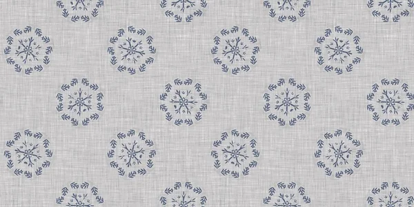 Seamless christmas snowflake woven linen pattern. Two tone seasonal farmhouse blue frost background. Holiday textile for french Xmas snow repeat