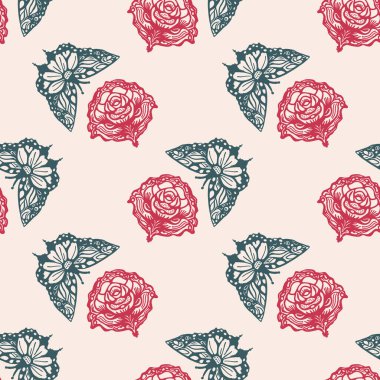 Retro butterfly seamless pattern. 70s style ecological insect garden wildlife wallpaper. Earthy decorative lepidoptera tile