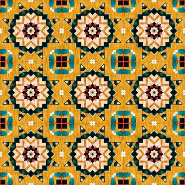 Geleneksel fayanslı, pürüzsüz mozaik iz. Kumaş efekti Meksika yamaca damask ızgara kare şekil simetrik arka plan tekstili. Yaratıcı renkli grafik tasarımı.