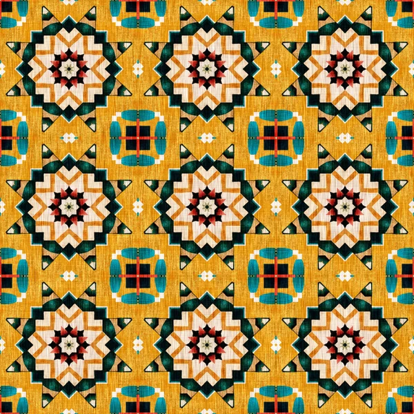 Traditional Tile Mosaic Seamless Pattern Print Fabric Effect Mexican Patchwork — Φωτογραφία Αρχείου