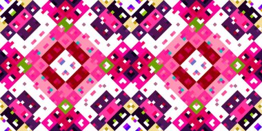 Retro geometrik piksel desen. Eğlenceli kaleydoskopik pembe duvar kağıdı. Kusursuz doku arkaplanı için renkli bir klasik jeo nokta mozaiği
