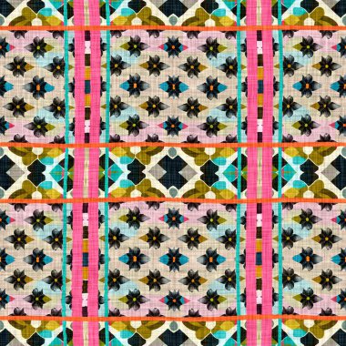 Kusursuz arka planda klasik geometrik tasarım. Canlı renkli grafik illüstrasyonuyla modaya uygun modern boho geo. Yama efekti örneği için fayansı tekrarla