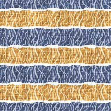 Kusursuz Fransız kırsal mutfak çizgili kumaş deseni. Mavi sarı beyaz yatay çizgili arka plan. Batik Boyası Kaynak Stili Kırsal Örgü Cottagecore Tekstili