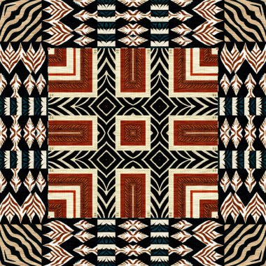 African kente cloth patchwork effect pattern. Seamless geometric quilt fabric all over background. Patched boho rug safari shirt repetitive tile swatch.