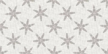 Kusursuz Noel kar taneleri örülmüş keten kenar. İki ton mevsimlik gri çiftlik evi donması. Fransız Xmas kar haçı bandı için tatil tekstili