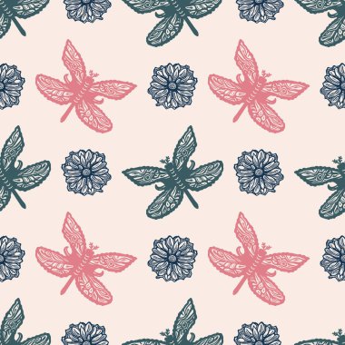 Retro butterfly seamless pattern. 70s style ecological insect garden wildlife wallpaper. Earthy decorative lepidoptera tile