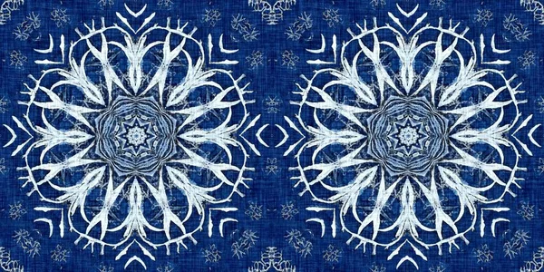 Indigo Blue Snow Flake Border Background Frosty Batik Painterly Effect — Stockfoto
