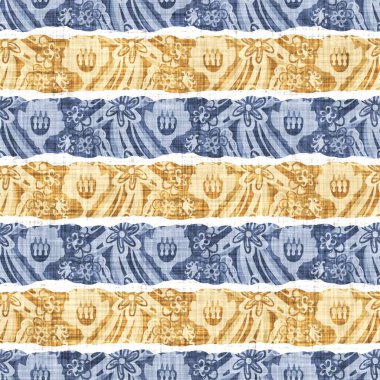 Kusursuz Fransız kırsal mutfak çizgili kumaş deseni. Mavi sarı beyaz yatay çizgili arka plan. Batik Boyası Kaynak Stili Kırsal Örgü Cottagecore Tekstili