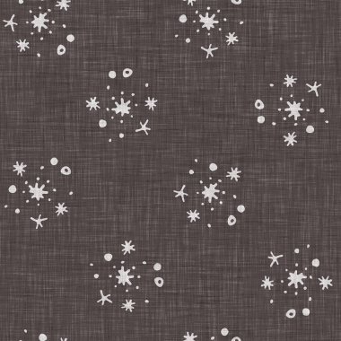 Kusursuz Noel kar taneleri örülmüş keten desenler. İki ton kahverengi çiftlik evi donma arka planı. Fransız Xmas karları için tatil tekstili