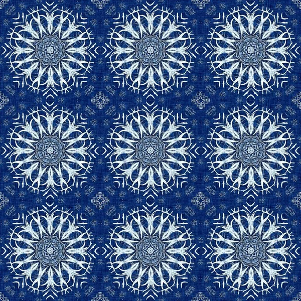 Indigo Blue Snow Flake Damask Pattern Background Frosty Painterly Effect — Photo