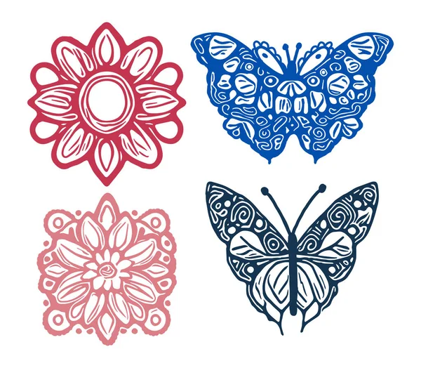 Decorative Butterfly Single Clip Art Set Vintage Vector Botanical Flower — Stock Vector