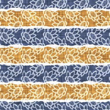 Kusursuz Fransız kırsal mutfak çizgili kumaş deseni. Mavi sarı beyaz yatay çizgili arka plan. Batik Boyası Kaynak Stili Kırsal Örgü Cottagecore Tekstili