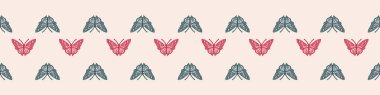Retro butterfly seamless border. 70s style ecological insect garden wildlife trim. Earthy decorative lepidoptera edging