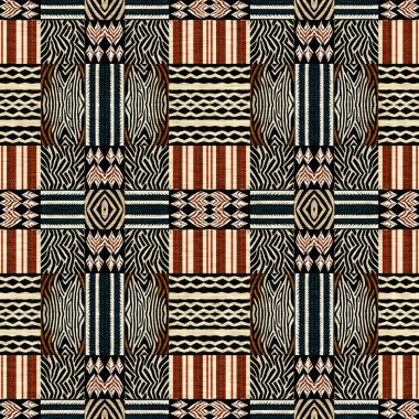 African kente cloth patchwork effect pattern. Seamless geometric quilt fabric all over background. Patched boho rug safari shirt repetitive tile swatch.