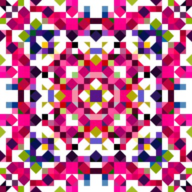 Retro geometrik piksel desen. Eğlenceli kaleydoskopik pembe duvar kağıdı. Kusursuz doku arkaplanı için renkli bir klasik jeo nokta mozaiği