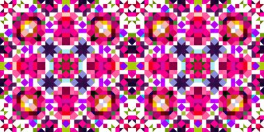 Retro geometrik piksel desen. Eğlenceli kaleydoskopik pembe duvar kağıdı. Kusursuz doku arkaplanı için renkli bir klasik jeo nokta mozaiği