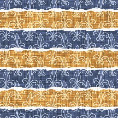 Kusursuz Fransız kırsal mutfak çizgili kumaş deseni. Mavi sarı beyaz yatay çizgili arka plan. Batik Boyası Kaynak Stili Kırsal Örgü Cottagecore Tekstili