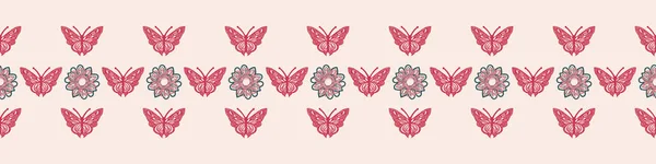 Retro Butterfly Seamless Border 70S Style Ecological Insect Garden Wildlife — Archivo Imágenes Vectoriales