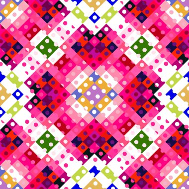 Garip geometrik piksel desen. Eğlenceli kaleydoskopik pembe duvar kağıdı. Kusursuz doku arkaplanı için renkli bir klasik jeo nokta mozaiği