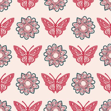 Retro butterfly seamless pattern. 70s style ecological insect garden wildlife wallpaper. Earthy decorative lepidoptera tile
