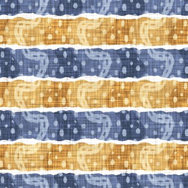 Kusursuz Fransız kırsal mutfak çizgili kumaş deseni. Mavi sarı beyaz yatay çizgili arka plan. Batik Boyası Kaynak Stili Kırsal Örgü Cottagecore Tekstili