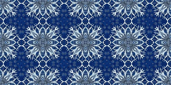 Indigo Blue Snow Flake Border Batik Frosty Batik Painterly Effect — Fotografia de Stock