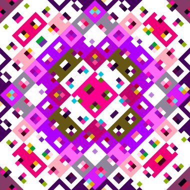 Kaleydoskopik coğrafi piksel deseni. Eğlenceli pembe duvar kâğıdı. Kusursuz doku arkaplanı için renkli bir klasik jeo nokta mozaiği