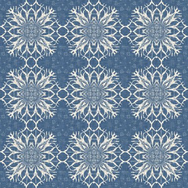 Çiftlik evi mavi kar tanesi desenli arka plan. Frosty batik damasch fransız efekti kusursuz arkaplan. Şenlikli soğuk tatil sezonu duvar kâğıdı döşemesi