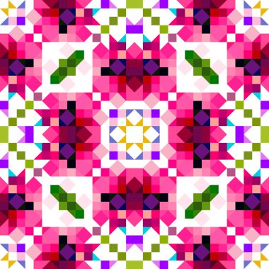 Retro geometrik piksel desen. Eğlenceli kaleydoskopik pembe duvar kağıdı. Kusursuz doku arkaplanı için renkli bir klasik jeo nokta mozaiği