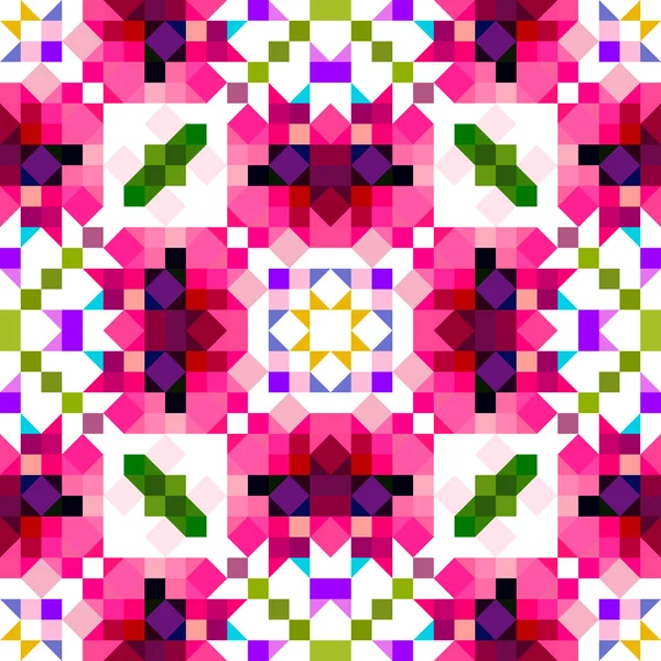 Retro geometric pixel pattern. Playful fun kaleidoscopic pink wallpaper. Colorful summer vintage geo dot mosaic for seamless texture background