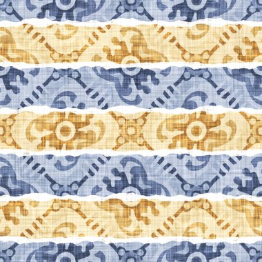 Kusursuz Fransız kırsal mutfak çizgili kumaş deseni. Mavi sarı beyaz yatay çizgili arka plan. Batik Boyası Kaynak Stili Kırsal Örgü Cottagecore Tekstili