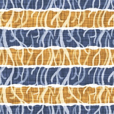 Kusursuz Fransız kırsal mutfak çizgili kumaş deseni. Mavi sarı beyaz yatay çizgili arka plan. Batik Boyası Kaynak Stili Kırsal Örgü Cottagecore Tekstili