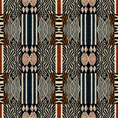 African kente cloth patchwork effect pattern. Seamless geometric quilt fabric all over background. Patched boho rug safari shirt repetitive tile swatch.
