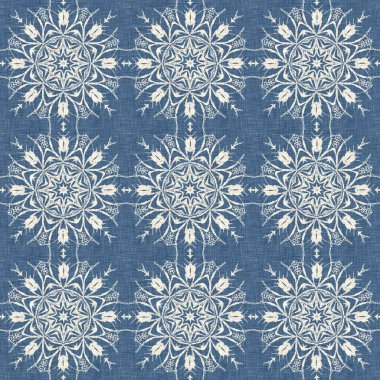 Çiftlik evi mavi kar tanesi desenli arka plan. Frosty batik damasch fransız efekti kusursuz arkaplan. Şenlikli soğuk tatil sezonu duvar kâğıdı döşemesi