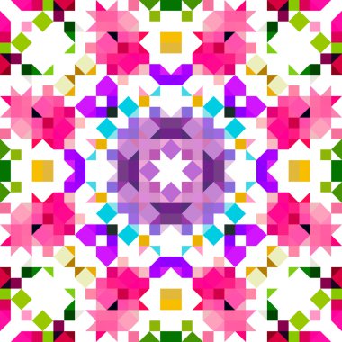 Retro geometrik piksel desen. Eğlenceli kaleydoskopik pembe duvar kağıdı. Kusursuz doku arkaplanı için renkli bir klasik jeo nokta mozaiği